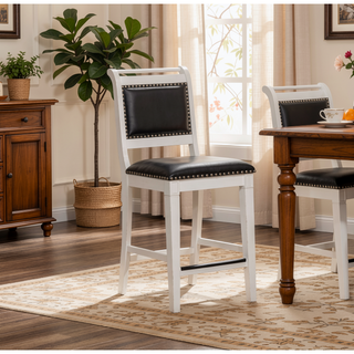 Sunvega Antique White Finish Black Leather Seat Farmhouse Counter Stool