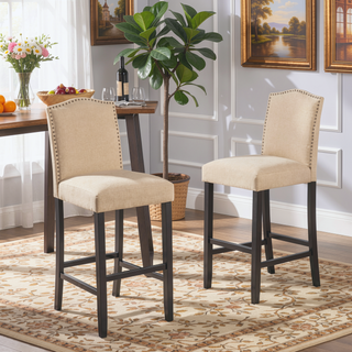 Sunvega Traditional Solid Wood Bar Stools Set of 2 with Linen Upholstery