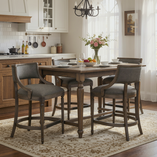 Sunvega Farmhouse Counter Height Bar Stool with Backrest in Heathered Grey Linen