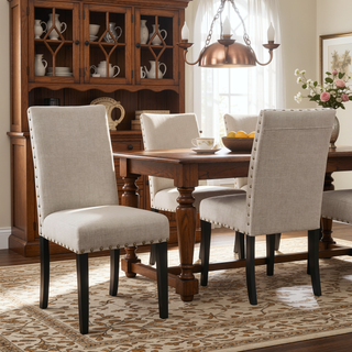 Sunvega Gray Linen and Cotton Fabric Dining Chairs with Nailhead Trim, Set of 2