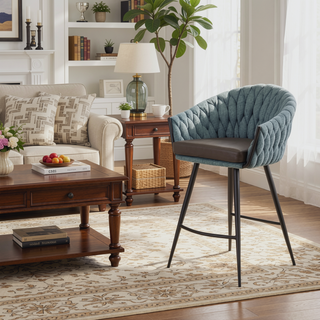 Sunvega Braided Matisse Contemporary Counter Stool with Faux Leather Upholstery and Black Metal Frame