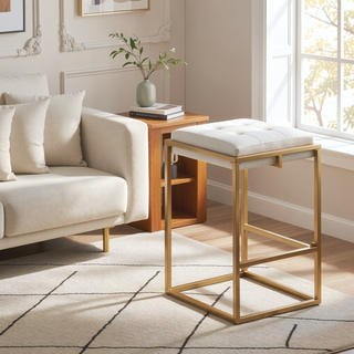Sunvega Beige and Gold Square Counter Height Stools with Button Tufting and Footrest
