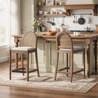 Sunvega Natural Oak and Cane Rattan Counter Stools with Black Boucle Upholstery