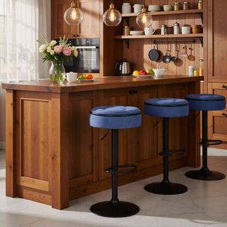 Sunvega Blue Linen Adjustable Swivel Bar Stool Set with Storage for Kitchen