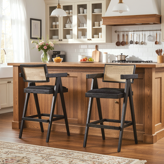 Sunvega Modern Ebony Black Boucle Resin Webbing Bar Stool Set with Arms