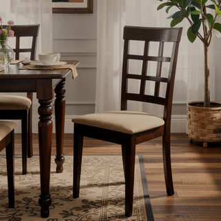 Sunvega Cappuccino and Beige Lattice Back Dining Chair Set with Checkered Wooden Design