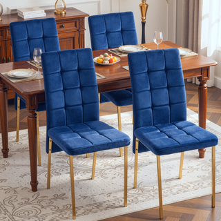 Sunvega Dark Blue Velvet High Back Nordic Dining Chair with Golden Legs Set Of 4
