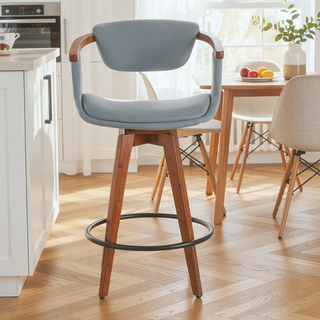 Sunvega Mid-Century Modern Counter Stool with Walnut Bamboo Frame and Grey Faux Leather