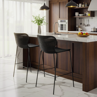 Sunvega Brown Faux Rattan Metal Bar Stool Set with a Sleek Modern Frame