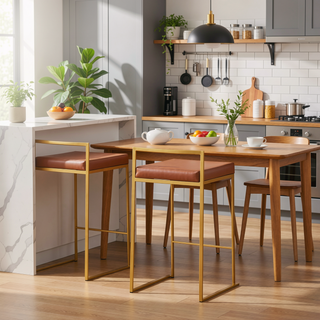 Sunvega Gold Metal Frame Counter Stools with Camel Faux Leather Cushions Set of 3