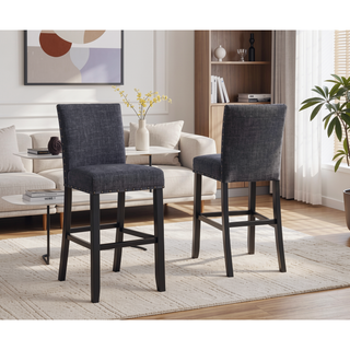 Sunvega Blue Linen and Cotton Fabric Bar Stools with Nailhead Trim Set of 2