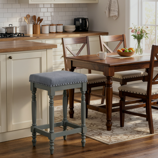 Sunvega Distressed Wooden Farmhouse Barstools with Faux Leather Seat, Counter-Height