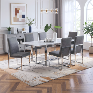Sunvega Grey Upholstered High Back Dining Chair with Geometric Frame Set of 2