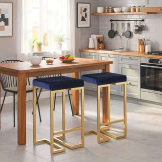 Sunvega Midas Gold Blue Velvet Contemporary Glam Counter Stool Set of 2