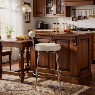 Sunvega Art Deco-Inspired Chrome and Cream Fabric Counter Stool with Swivel Seat