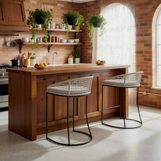 Sunvega Woven Rope Back Upholstered Cushioned Counter Stool with Iron Base