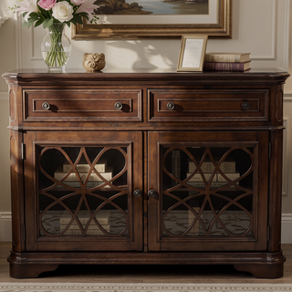 Sunvega Contemporary Silver Finish Server Cabinet with 2 Drawers and Glass Doors