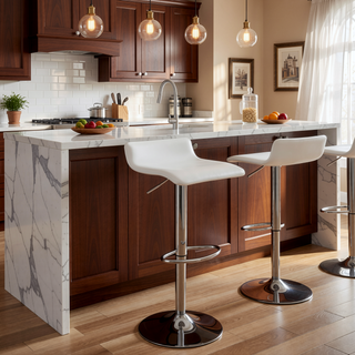Sunvega Adjustable White PU Leather Bar Stool Set with Swivel and Footrest