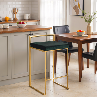 Sunvega Gold Metal Frame Green Velvet Cushion Stackable Counter Stool Set of 3