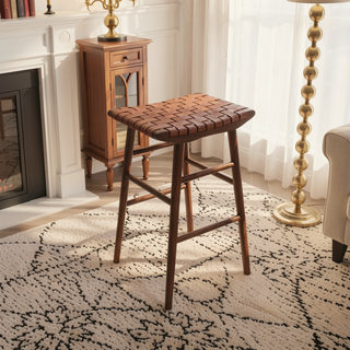 Sunvega 30 Inch Genuine Leather Tan Bar Stool With Solid Wood Construction