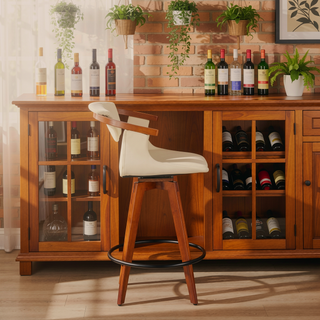 Sunvega Mid-Century Modern Counter Stool with Walnut Wood Accents and Faux Leather