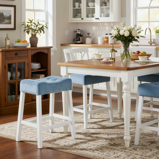 Sunvega Set of 2 Velvet Stools with Tufted Saddle Seats in White-Wash Finish