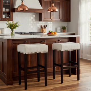 Sunvega Set of 2 Beige Backless Fabric Counter Height Barstools with Padded Seats