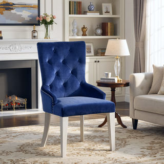 Sunvega Blue Velvet Dining Chair with Tufted Back and Platinum Wooden Legs