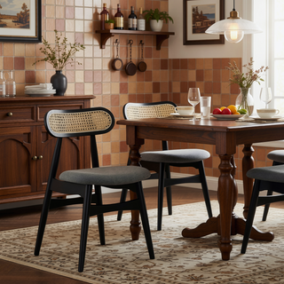 Sunvega Modern Cane Dining Chairs with Rectangular Backrest in Black and Gray