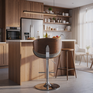 Sunvega Bentwood Adjustable Swivel Bar Stool with Grey Linen Fabric and Walnut Veneer