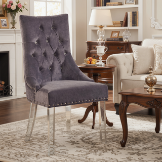 Sunvega Tufted Gray Velvet Dining Chair with Acrylic Legs and Diamond Stitching