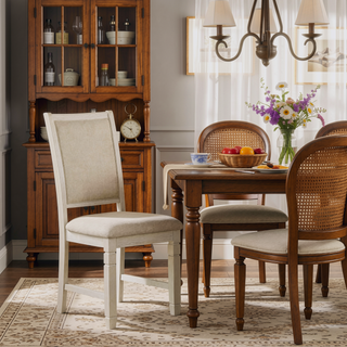 Sunvega Antique White Finish Wooden Side Chairs with Beige Textured Fabric