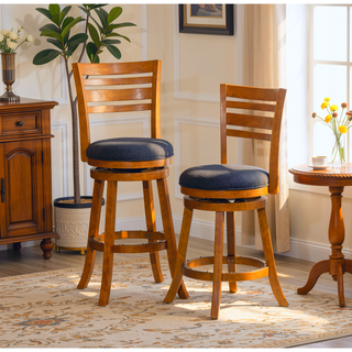 Sunvega Cherry Finish Beige Fabric Slat Back Swivel Stool for Counter Height