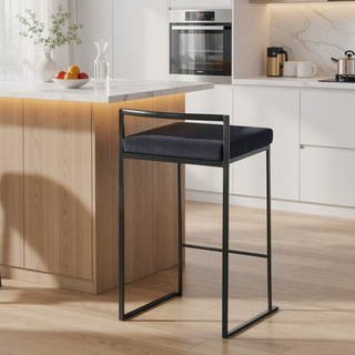 Sunvega Black Metal Stackable Counter Stool with Black Velvet Cushion Set of 3