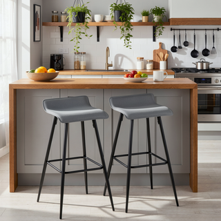 Sunvega Black Metal Base Grey Faux Leather Upholstered Fixed Height Bar Stool Set