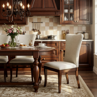 Sunvega Dark Cherry Finish Wooden Dining Chairs with Off-White Fabric Upholstery