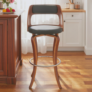 Sunvega 29 Inch Swivel Gray Faux Leather and Walnut Wood Bar Stool with Padded Cushion