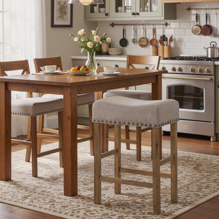 Sunvega Counter Height Stools with Tan Linen Upholstery and Weathered Oak Finish