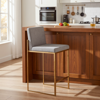 Sunvega Contemporary High Back Counter Stool Set of 3 in Gold Steel Grey Fabric