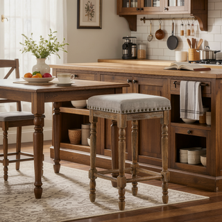 Sunvega Weathered Oak Counter Height Stools with Beige Fabric Upholstery Set of 2