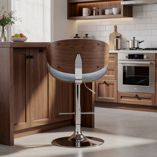 Sunvega Bentwood Adjustable Swivel Bar Stool in Denim Blue Linen Fabric