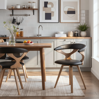 Sunvega Mid-Century Modern Dining Chair in White Washed Wood and Brown Faux Leather