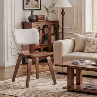 Sunvega Modern Upholstered Back Boucle Side Chair with Walnut Legs Set of 2
