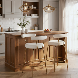 Sunvega Gold Metal and Cream Velvet Glam Counter Stool Set with Swivel Seat