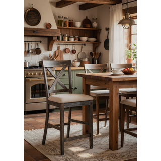 Sunvega Martha II Tan Linen Weathered Gray Finish Counter Height Chair Set of 2
