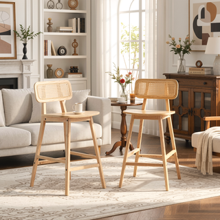 Sunvega Natural Wood Barstool Set with Rattan Backrest and Curved Seat