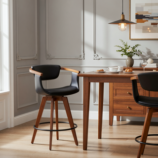 Sunvega Mid-Century Modern Counter Stool with Walnut Wood Accents and Faux Leather