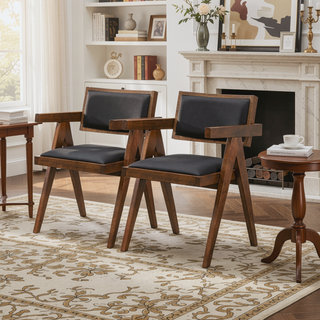 Sunvega Mid-Century Modern Dining Chair Set of 2 with Black Vegan Leather Upholstery