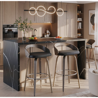 Sunvega Mid-Century Modern Barstool with Light Grey Wood and Black Faux Leather Swivel Seat