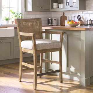 Sunvega Reclaimed Natural Finish Solid Wood Cane Back Counter Stool with Upholstered Seat